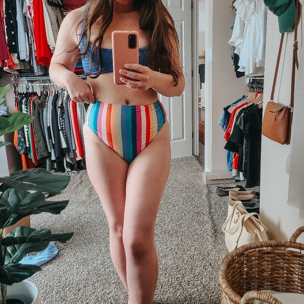 ModCloth Rainbow Stripe High-Waisted Bikini Bottoms – Size Medium